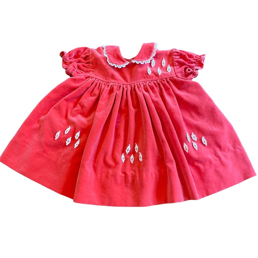 Vintage baby dress red with ivory accents short sleeves est. 12 mos. GUC